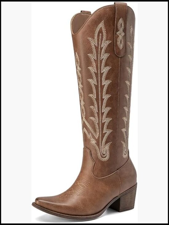 Shoes - Knee High Cowboy Boots Embroidered Chunky Heel Square Toe Pull On Western